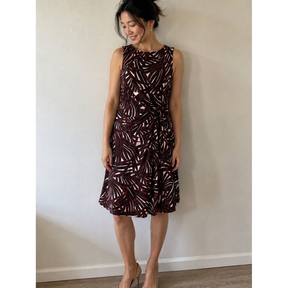 NWT Ann Taylor Factory Sleeveless Printed Sheath Dress XS Brown Ruched Knot Stre